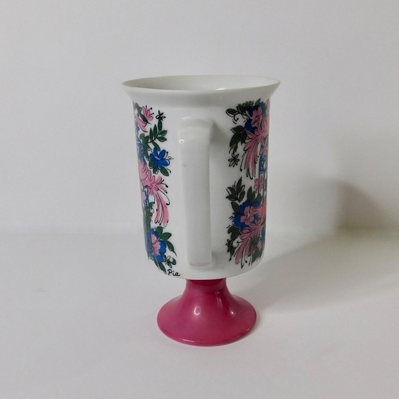 Vintage ARNART 5th Ave Birds Floral Footed Pedestal Mug Coffee Tea Pink White - Picture 5 of 9